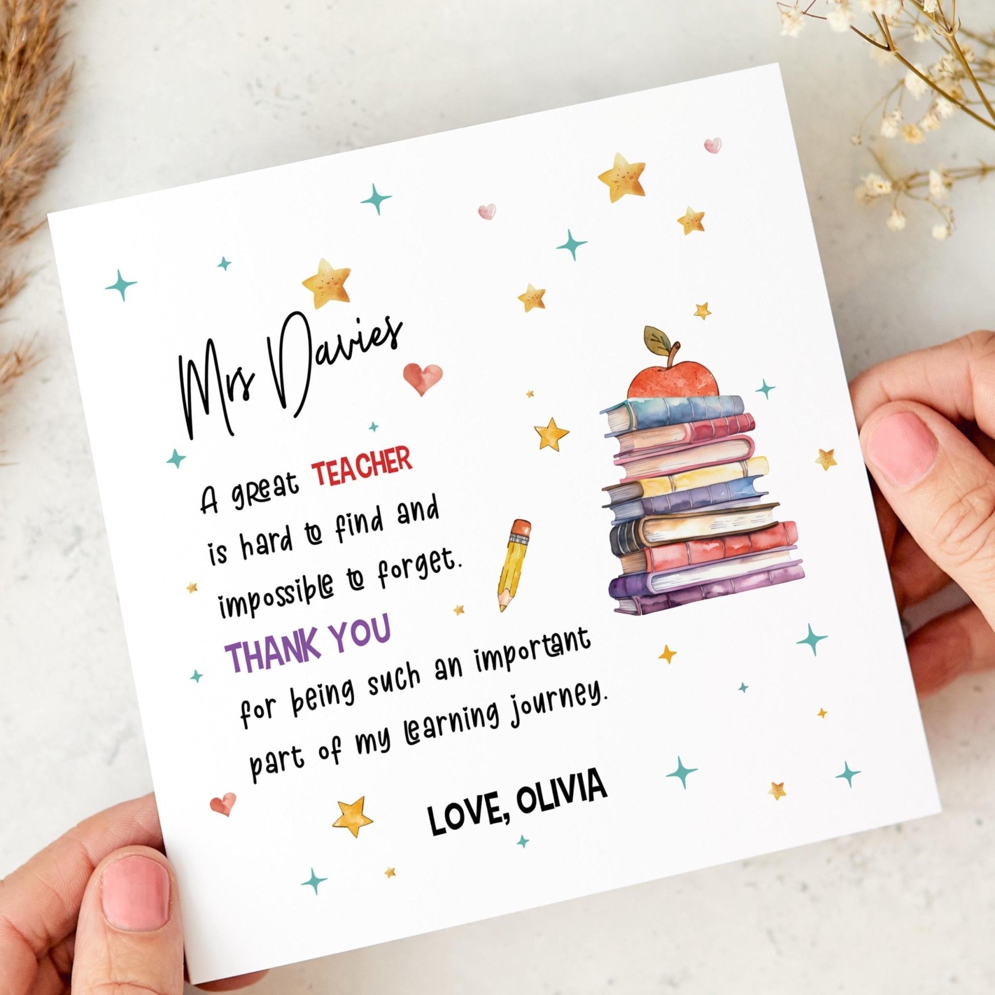 Personalised Teacher Thank You Card A Great Teacher Is Hard to Find End of Term Nursery Reception Primary Gift from Child for Her Him