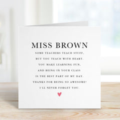 Personalised Teacher Thank You Card Name Poem Design End of Term or Year Gift from Pupil Heartfelt Appreciation Primary Nursery Secondary