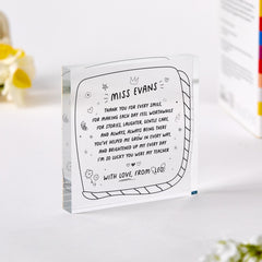Personalised Teacher Thank You Gift Acrylic Plaque Monochrome Acrylic Keepsake for Nursery, Primary or Secondary from Child or Class