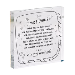 Personalised Teacher Thank You Gift Acrylic Plaque Monochrome Acrylic Keepsake for Nursery, Primary or Secondary from Child or Class