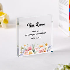 Personalised Teacher Thank You Gift Floral Acrylic Plaque from Child for Teacher, Assistant or Nursery Staff, End of Term Christmas Present