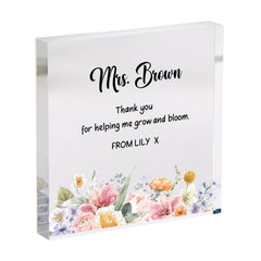 Personalised Teacher Thank You Gift Floral Acrylic Plaque from Child for Teacher, Assistant or Nursery Staff, End of Term Christmas Present