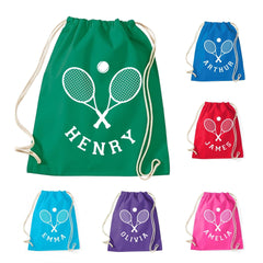 Personalised Tennis Drawstring PE Bag, Kids Kit Bag, Custom Gym Sack, Sports Gift