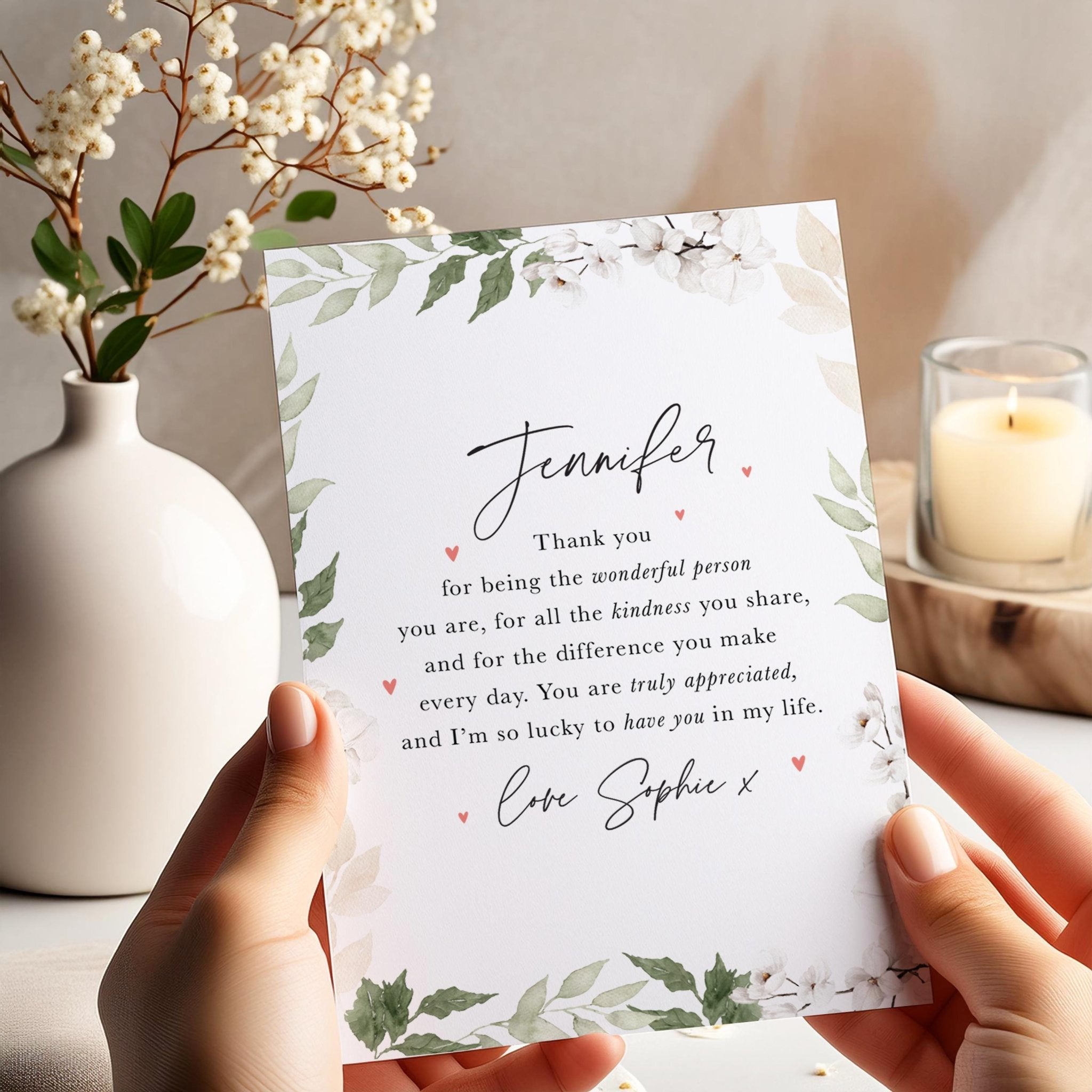 Personalised Thank You Card for Her Elegant Floral Design Appreciation Card for Friend Teacher Mentor or Loved One Custom Name and Message