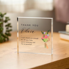 Personalised Thank You Gift Acrylic Plaque Custom Name Keepsake with Message & Flowers Appreciation Gift for Her or Him Teacher Doctor Nurse