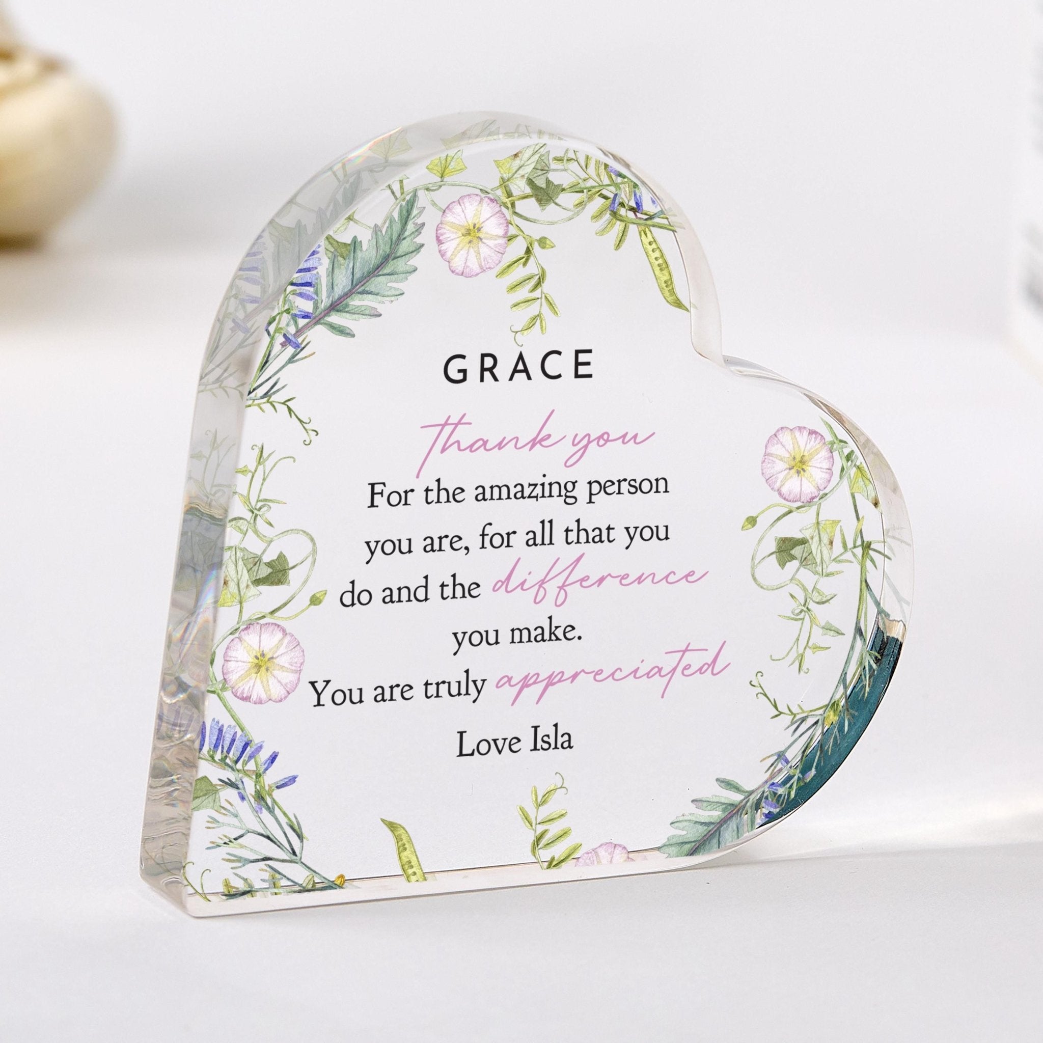 Personalised Thank You Gift for Her - Acrylic Heart Plaque Gift – Custom Name Keepsake for Teacher, Mentor, Friend or Colleague Appreciation