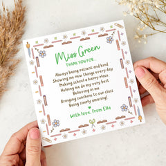 Personalised Thank You Teacher Card from Child – End of Term or Teacher’s Day Card – Custom Name Keepsake for Primary Nursery Reception