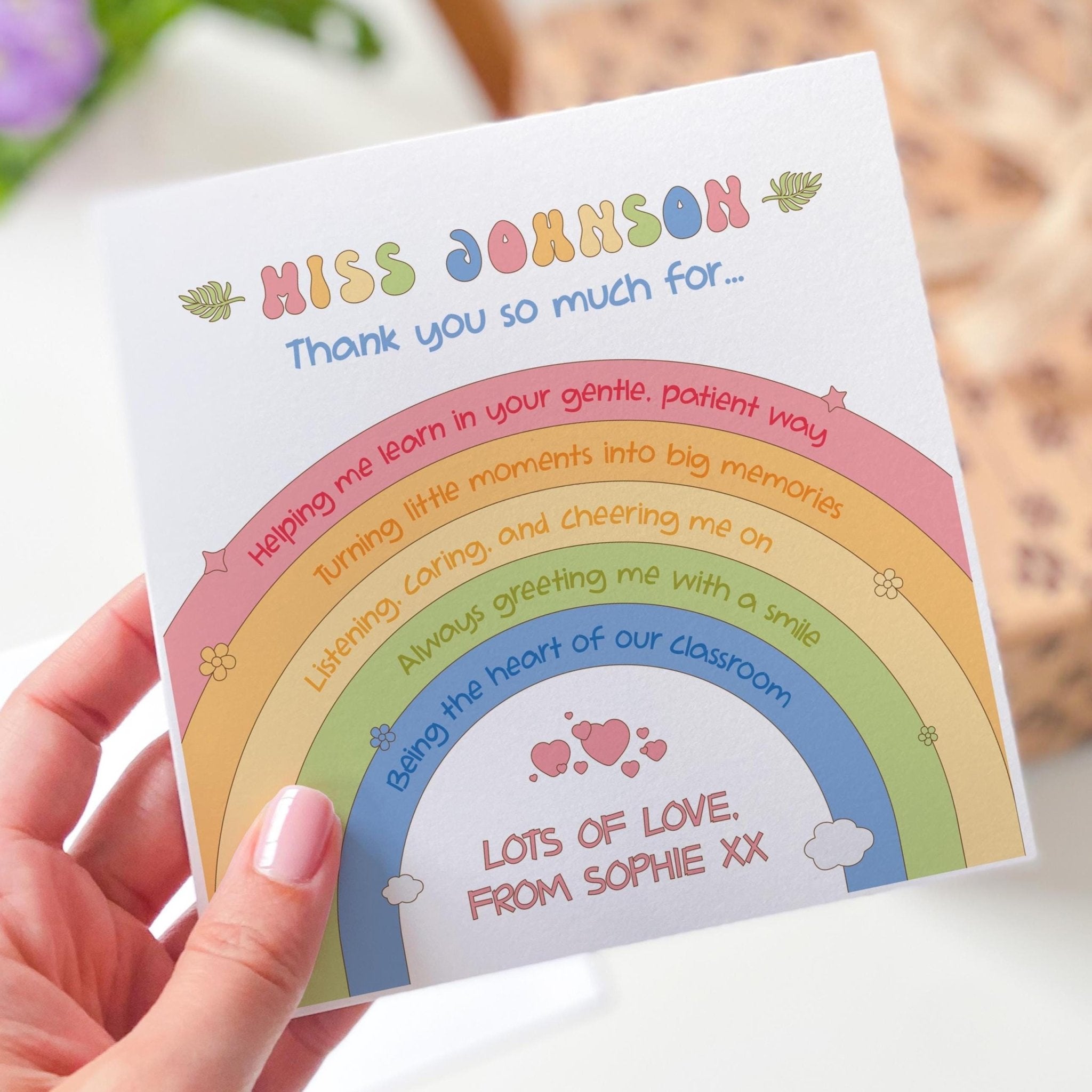 Personalised Thank You Teacher Card from Child Rainbow Design for End of Term Teacher’s Day or Nursery Staff Gift for Her Him