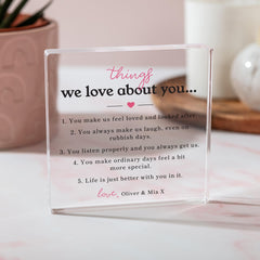 Personalised 'Things I Love About You' Acrylic Block – Custom Name Gift for Friend