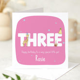 Personalised Third Birthday Card for Girl Custom Name Animal Theme Keepsake Card for Daughter Granddaughter or Niece Turning Three