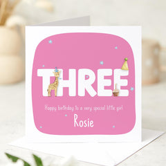 Personalised Third Birthday Card for Girl Custom Name Animal Theme Keepsake Card for Daughter Granddaughter or Niece Turning Three