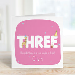 Personalised Third Birthday Card for Girl Custom Name Animal Theme Keepsake Card for Daughter Granddaughter or Niece Turning Three