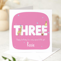 Personalised Third Birthday Card for Little Boy Name Animal 3rd Birthday Keepsake Card for Son Grandson or Nephew Turning Three I am Three