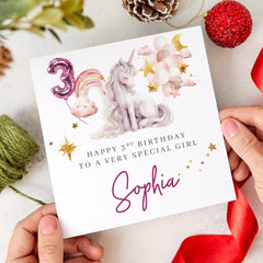 Personalised Unicorn 3rd Birthday Card Special Girl Custom Name Keepsake Card for Granddaughter Daughter or Niece I am Three Third Birthday