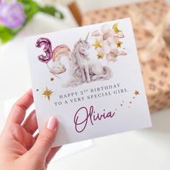 Personalised Unicorn 3rd Birthday Card Special Girl Custom Name Keepsake Card for Granddaughter Daughter or Niece I am Three Third Birthday