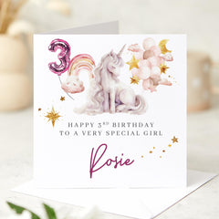 Personalised Unicorn 3rd Birthday Card Special Girl Custom Name Keepsake Card for Granddaughter Daughter or Niece I am Three Third Birthday