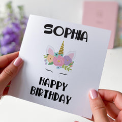 Personalised Unicorn Birthday Card for Girl Cute Floral Unicorn Design Custom Name Card for Daughter Sister Niece Granddaughter 6th 7th 8th