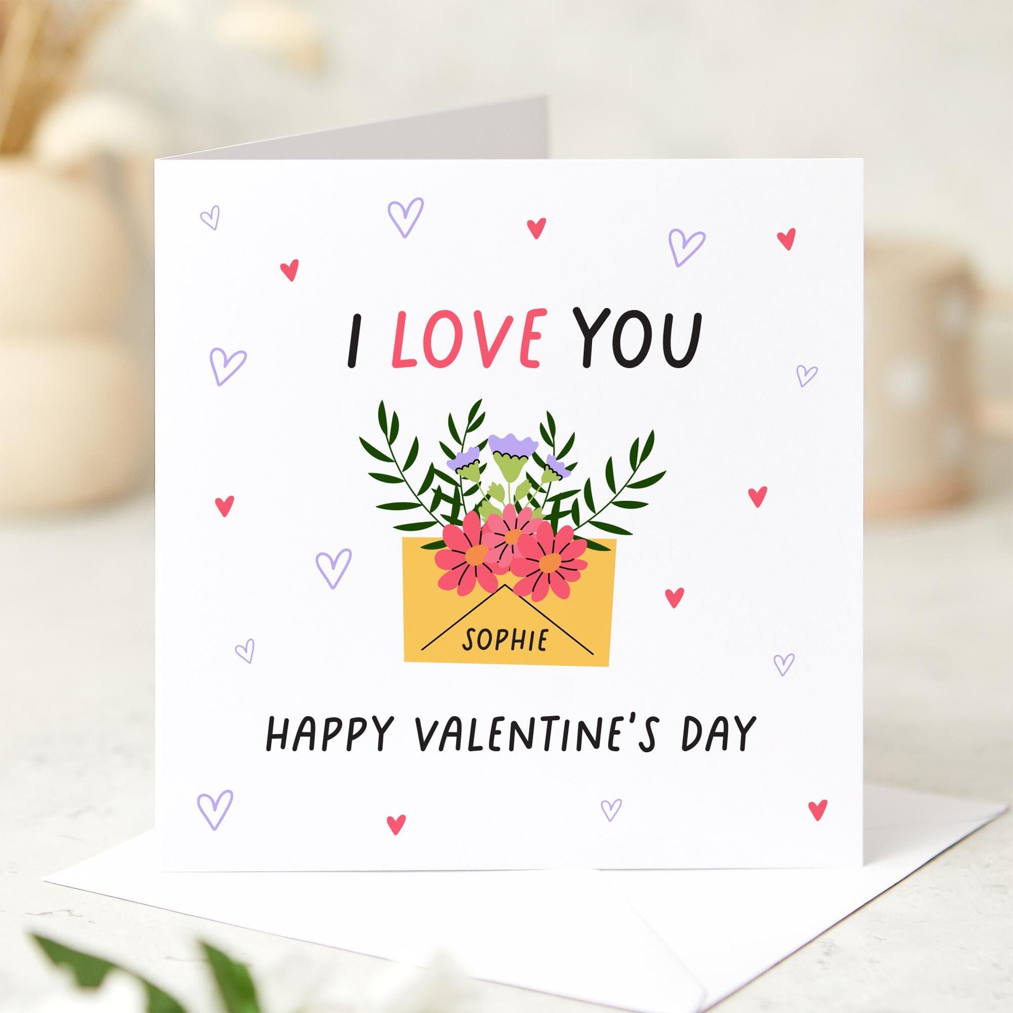 Personalised Valentine's Day Card I Love You Design Custom Flower Envelope Card for Partner Husband Wife Boyfriend or Girlfriend