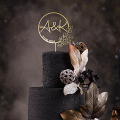 Personalised Wedding Cake Topper, Custom Initials & Date, Rustic Floral Engagement, Wooden Gold Silver Rose Gold Black