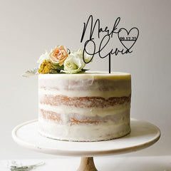 Personalised Wedding Cake Topper, Custom Names & Date, Rustic Bridal Engagement, Wooden Gold Silver Rose Gold Black