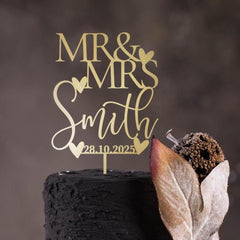 Personalised Wedding Cake Topper Mr & Mrs Custom Name, Rustic Bridal Shower Engagement, Wooden Gold Silver Rose Black