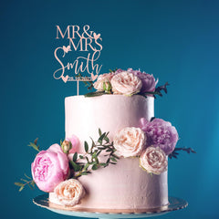 Personalised Wedding Cake Topper Mr & Mrs Custom Name, Rustic Bridal Shower Engagement, Wooden Gold Silver Rose Black