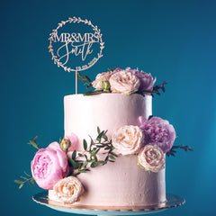 Personalised Wedding Cake Topper Mr & Mrs Last Name & Date, Rustic Bridal Shower Floral, Wooden Gold Silver Rose Black
