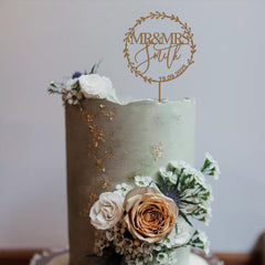 Personalised Wedding Cake Topper Mr & Mrs Last Name & Date, Rustic Bridal Shower Floral, Wooden Gold Silver Rose Black