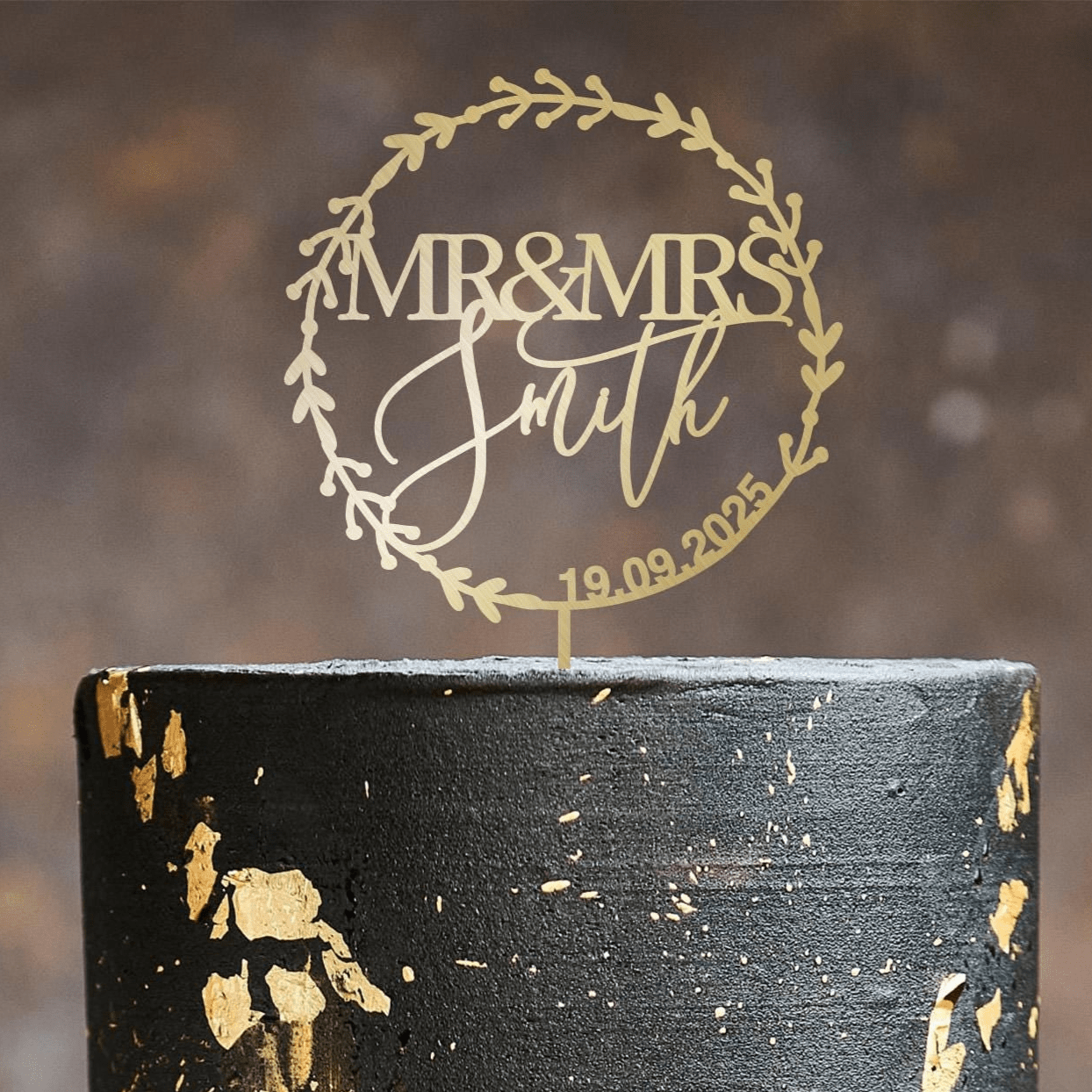 Personalised Wedding Cake Topper Mr & Mrs Last Name & Date, Rustic Bridal Shower Floral, Wooden Gold Silver Rose Black