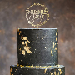 Personalised Wedding Cake Topper Mr & Mrs Last Name & Date, Rustic Bridal Shower Floral, Wooden Gold Silver Rose Black