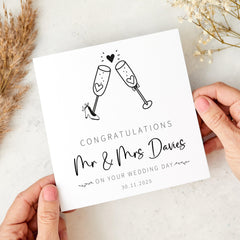 Personalised Wedding Card for Bride and Groom Fun Champagne Glass Design Custom Mr & Mrs Congratulations Card for Couple Funny Card