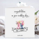 Personalised Wedding Card With Name Date Congratulations Gift Card Floral Newlywed Married Couple Greeting Card On Your Day Wellington Boots