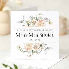 Personalised Wedding Day Card for a Couple with Last Name Elegant Floral Mr & Mrs Design Custom Congratulations Card for Bride Groom