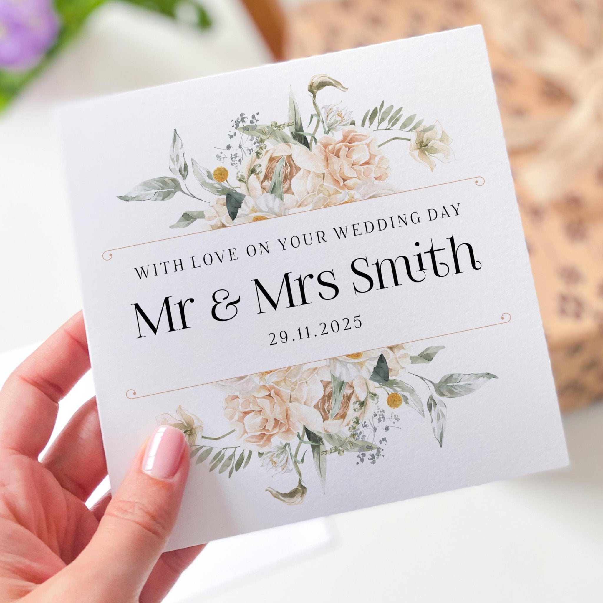 Personalised Wedding Day Card for a Couple with Last Name Elegant Floral Mr & Mrs Design Custom Congratulations Card for Bride Groom