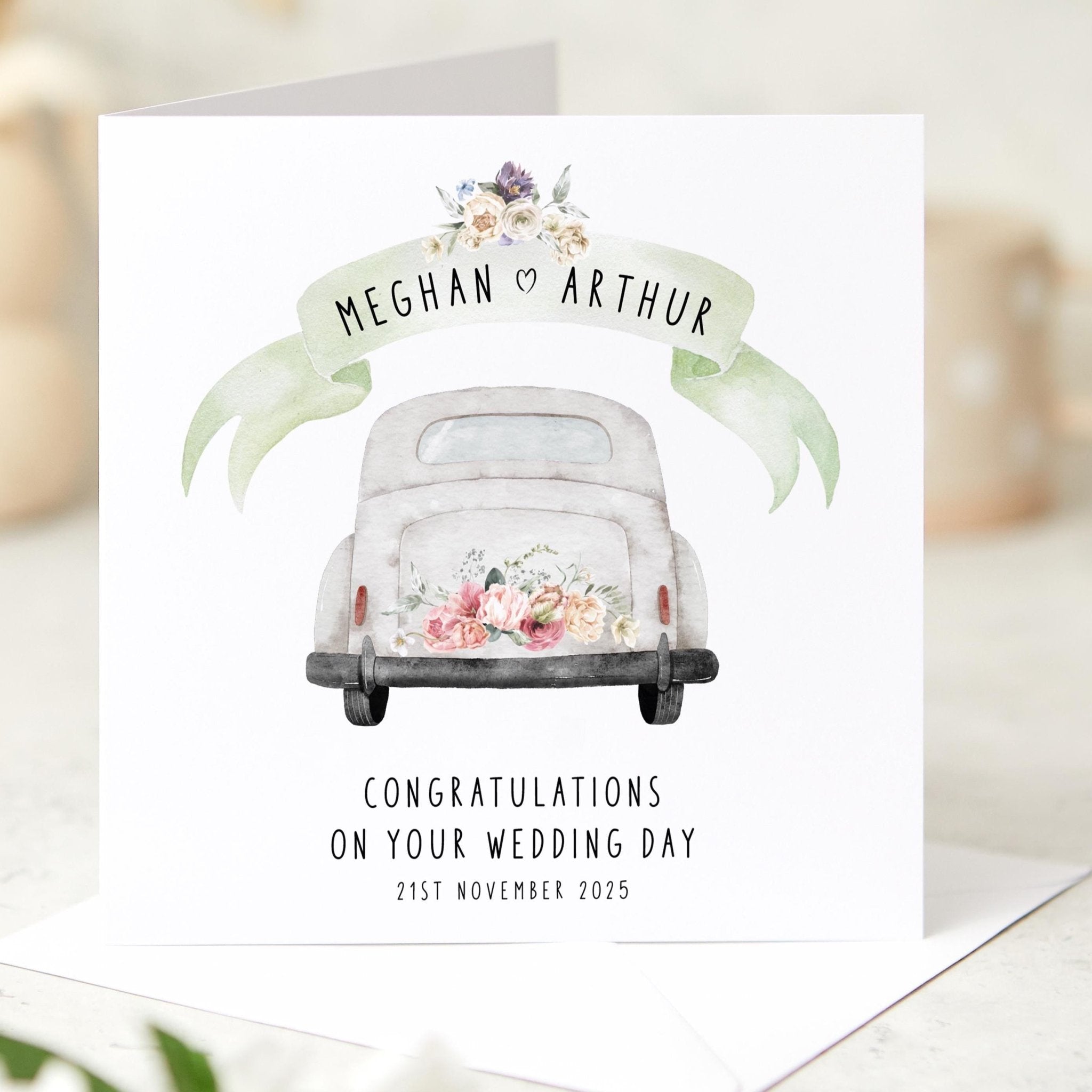 Personalised Wedding Day Card for Couples with Names Congratulations Card with Wedding Car Illustration Bride & Groom