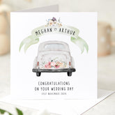 Personalised Wedding Day Card for Couples with Names Congratulations Card with Wedding Car Illustration Bride & Groom