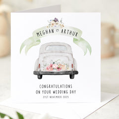 Personalised Wedding Day Card for Couples with Names Congratulations Card with Wedding Car Illustration Bride & Groom