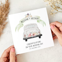 Personalised Wedding Day Card for Couples with Names Congratulations Card with Wedding Car Illustration Bride & Groom