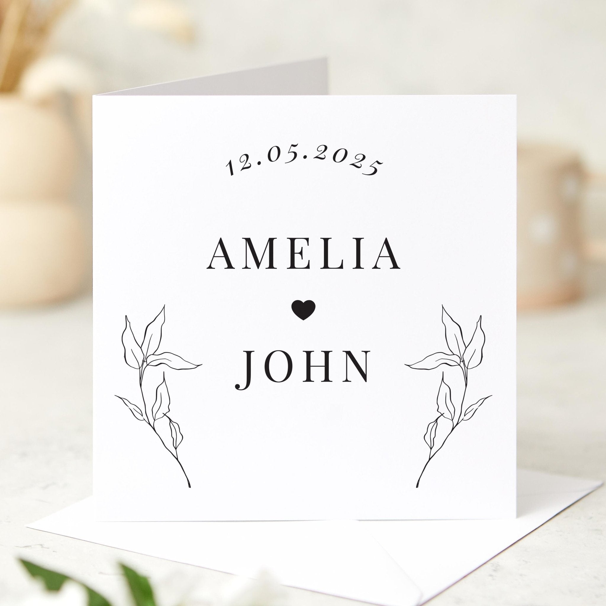 Personalised Wedding or Anniversary Card Custom Names and Date Minimalist Elegant Love Card for Couple Engagement Valentine's Day Keepsake