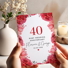 Ruby Wedding Anniversary Card with Names and Date 40 Year Celebration Floral Personalised Gift for Couple 40th Anniversary Mum Dad Parents