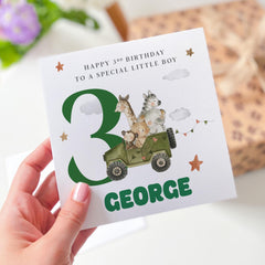 Safari - Themed Birthday Card for Boys – Personalised with Name and Age – Jungle Animal Jeep Adventure Design for Son Grandson Nephew