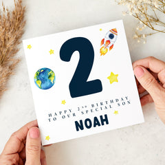 Space Theme Birthday Card for a Special Son – Custom Name and Age – Rocket, Earth and Stars Design – Outer Space Celebration Keepsake