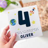 Space Theme Birthday Card for a Special Son – Custom Name and Age – Rocket, Earth and Stars Design – Outer Space Celebration Keepsake