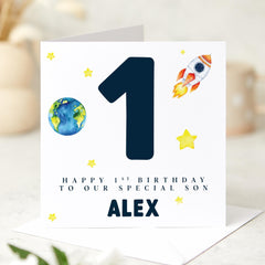 Space Theme Birthday Card for a Special Son – Custom Name and Age – Rocket, Earth and Stars Design – Outer Space Celebration Keepsake