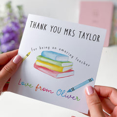Teacher Appreciation Card Personalised Teacher Thank You Colourful Book Design for Nursery Primary or Secondary –End of Term Gift from Child