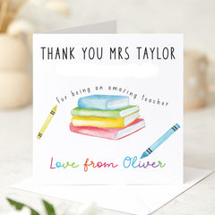 Teacher Appreciation Card Personalised Teacher Thank You Colourful Book Design for Nursery Primary or Secondary –End of Term Gift from Child
