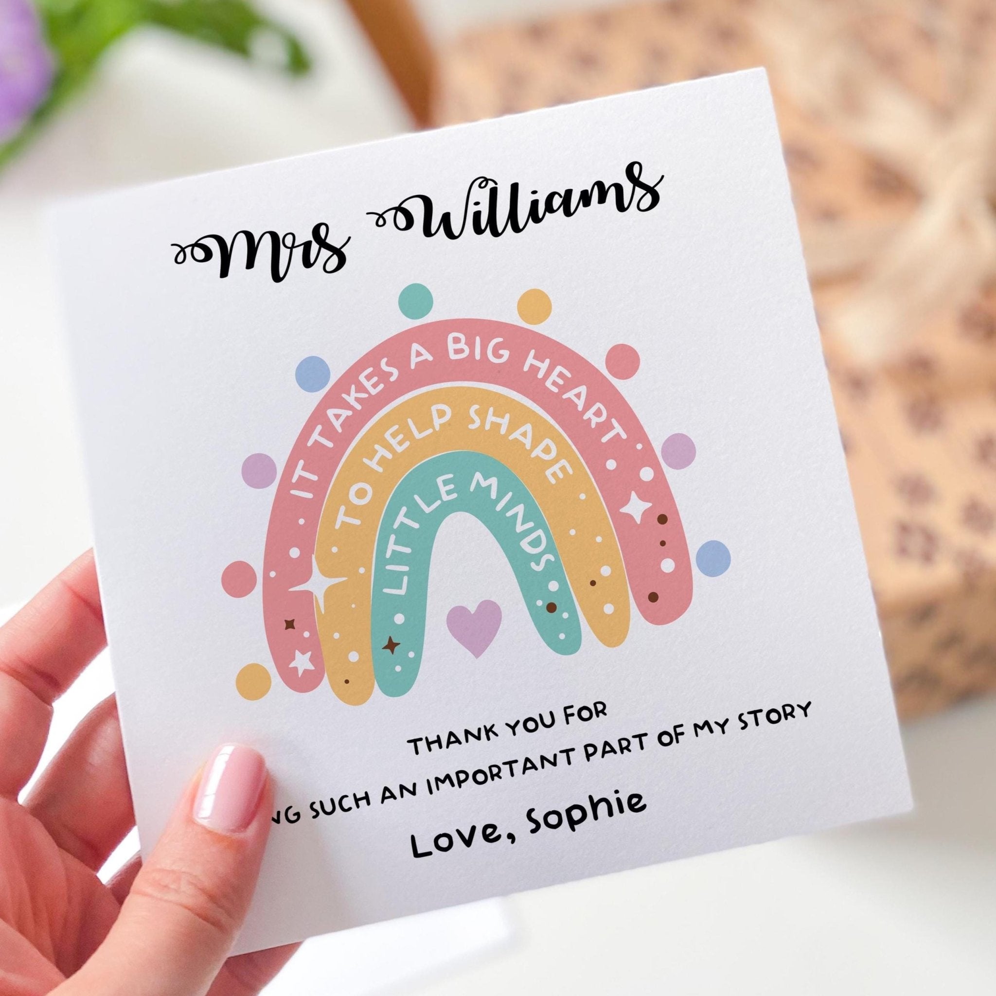 Teacher Personalised Thank You Card – Rainbow Design for Nursery, Reception or Primary – End of Term or Teacher’s Day Gift Card from Child