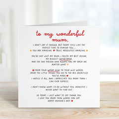 To My Wonderful Mum Mother's Day Card Heartfelt Message for Mum Thoughtful Mummy Card Sentimental Gift for Her Special Keepsake Mothers Day