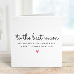 To the Best Mum Mother's Day Card Thoughtful Appreciation Gift for Mum Heartwarming Thank You Card for Her Special Keepsake