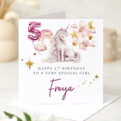 Unicorn 5th Birthday Card for Girls Personalised Five Birthday Keepsake with Balloons Rainbow Name Gift for Daughter Niece Granddaughter